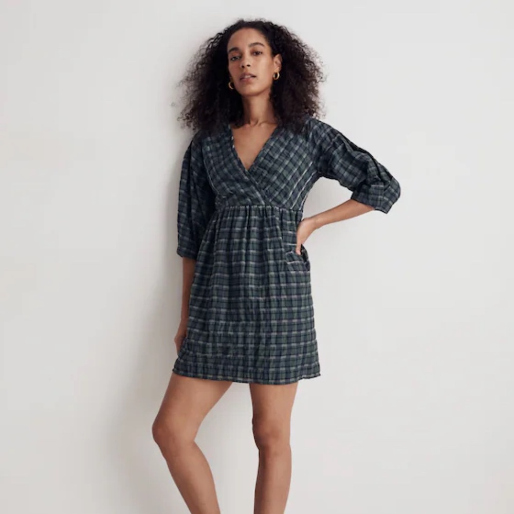 Madewell Puff Sleeve Mini Green Plaid Dress Size XXSP Preppy!